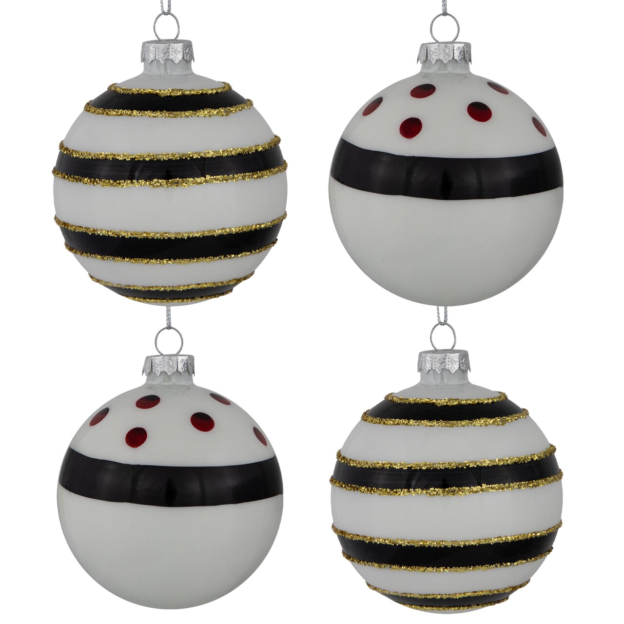 Northlight Shiny Finish Striped Christmas Glass Ball Ornaments - 3" (80mm) - White and Black - Set of 4